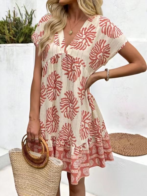Women's Loose Casual V-Neck Digital-Print Short-Sleeve Dress