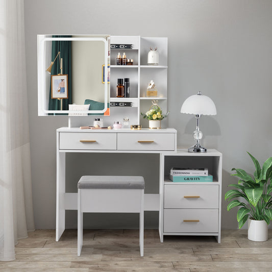 Particleboard Triamine Veneer 4 Drawers 1 Storage Cabinet 2 Shelves Mirror Cabinet Dressing Table Set Led Three-Tone Light White