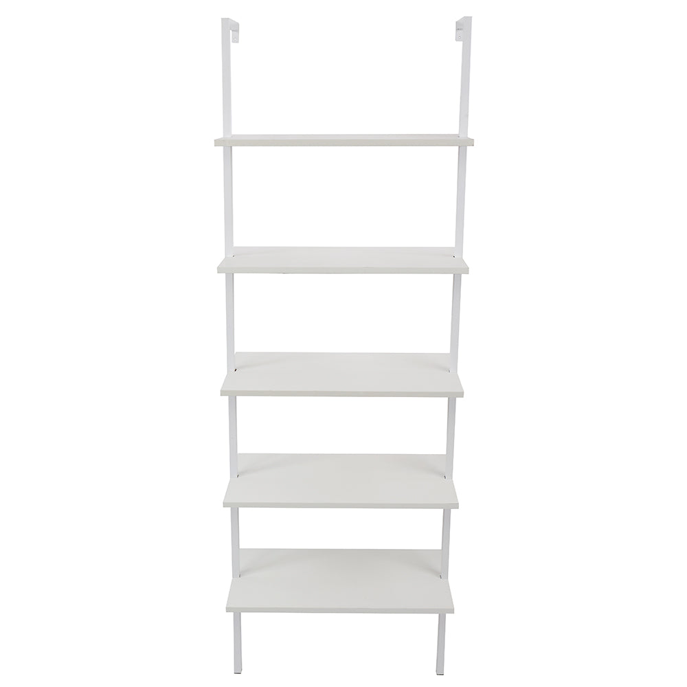5-Shelf Wood Ladder Bookcase with Metal Frame, Industrial 5-Tier Modern Ladder Shelf Wood Shelves,White