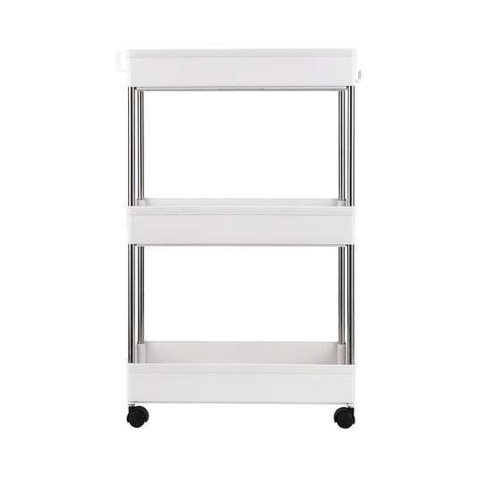 3-Layer Mobile Multi-functional Storage Cart,Suitable for Kitchen, Bathroom, Laundry Room Narrow Place, Plastic and Stainless Steel, White