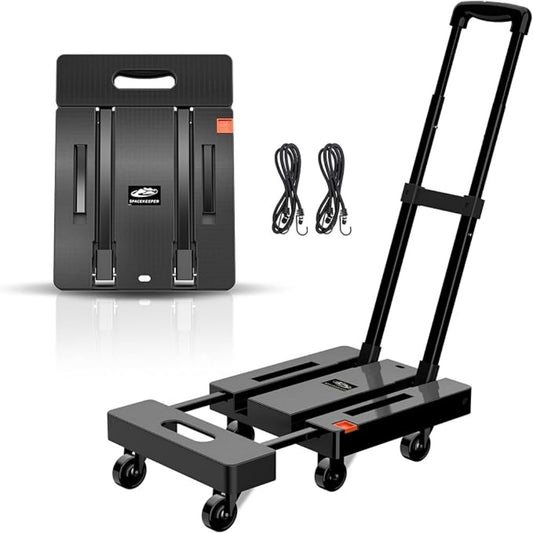 SPACEKEEPER Folding Hand Trolley, 227KGS Heavy Duty Platform Trolley with 6 Wheels and 2 Elastic Ropes for Luggage, Travel, Car, Shopping, Moving and Office, Orange