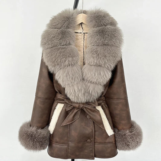Women's Large Faux Fur Leather Jacket Warm Autumn Winter Outwear High Street
