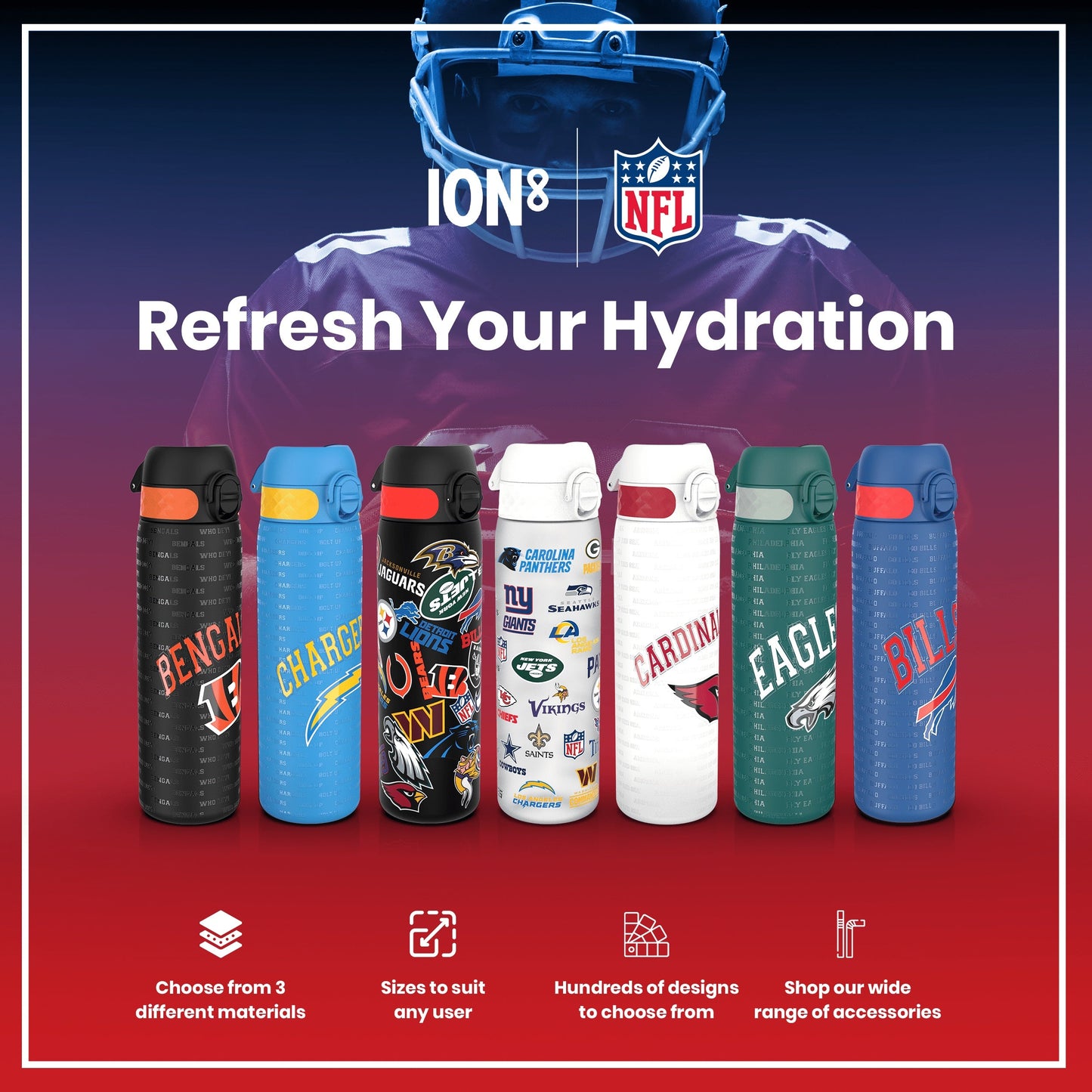 Leak Proof NFL Water Bottle, Recyclon, Multi Teams, 500ml (18oz)
