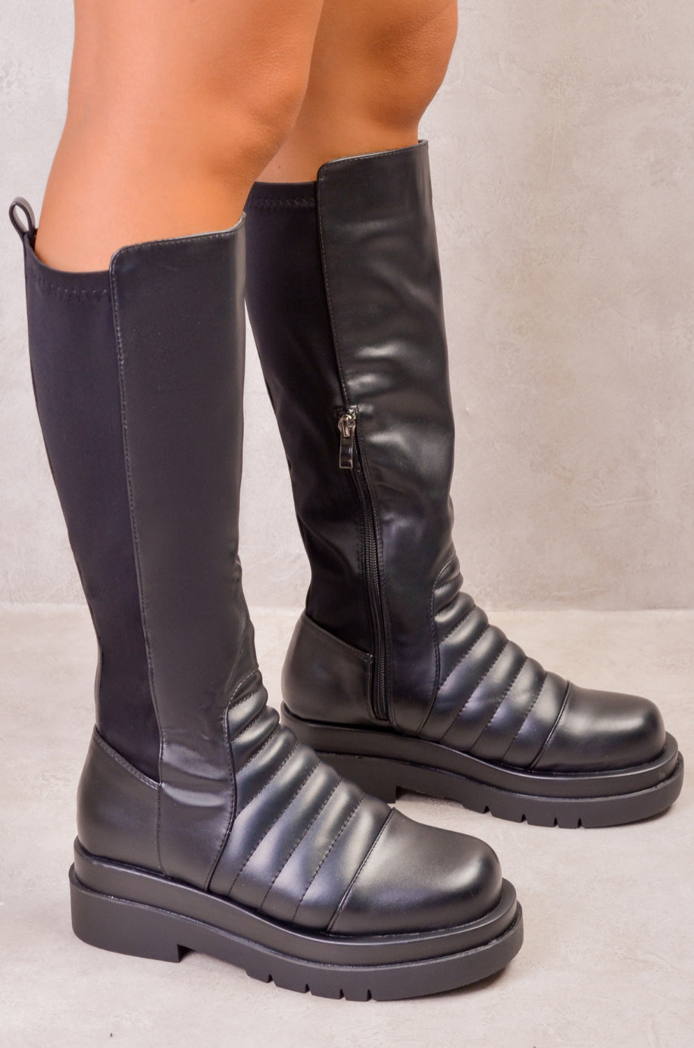 LUCAH STRETCH CALF BOOTS WITH QUILTED DETAILING IN BLACK FAUX LEATHER