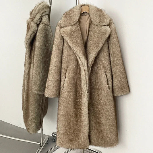 Women's Long Faux Fur Jacket European Style Lapel Casual Coat Eco-Friendly Covered Button Loose Fit Winter Warm