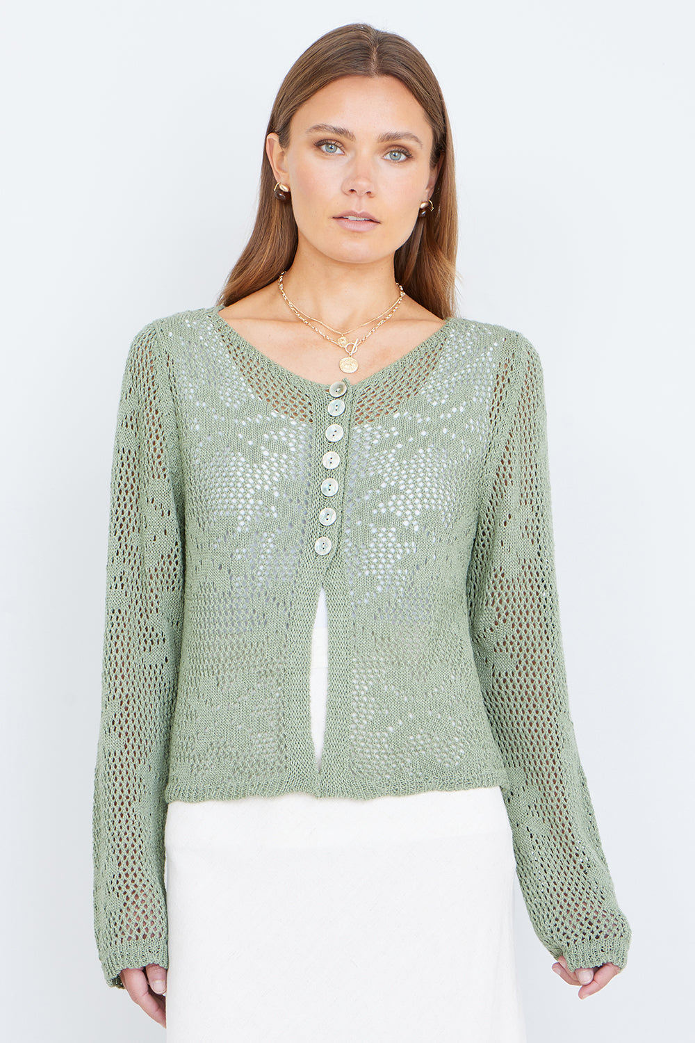 Yumi Green Flower Crochet Button Up Cardigan
