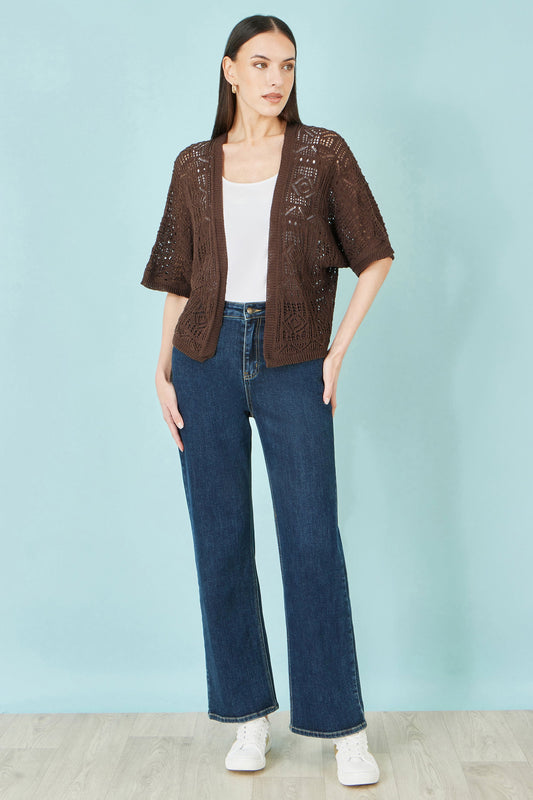 Yumi Brown Crochet Edge To Edge 3/4 Sleeve Cardigan
