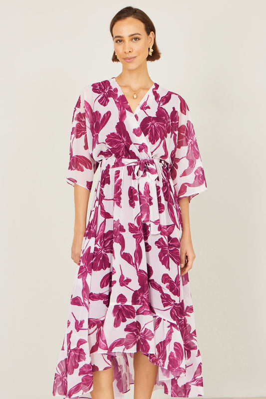 Yumi Pink Kimono Sleeves Midi Dip Hem Wrap Midi Dress