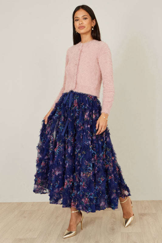 Yumi Navy Floral Ruffle Mesh Midi Skirt