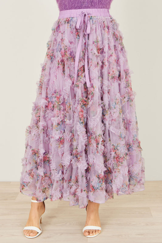 Yumi Lilac Floral Ruffle Mesh Midi Skirt