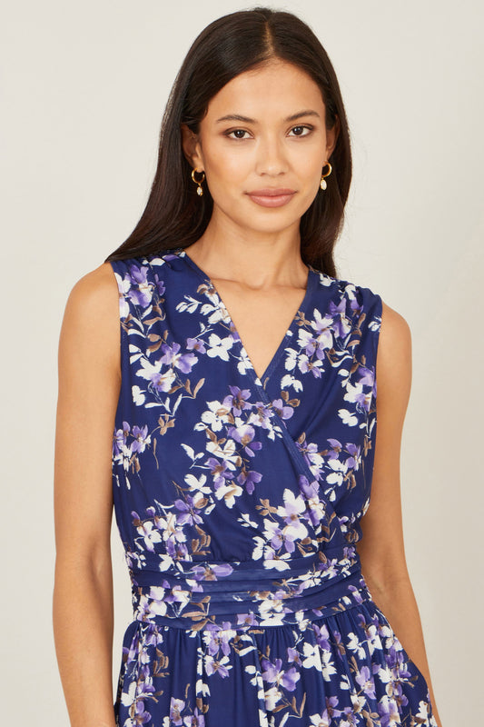 Yumi Navy Blossom Print Mesh Stretch Midi Dress With Pockets