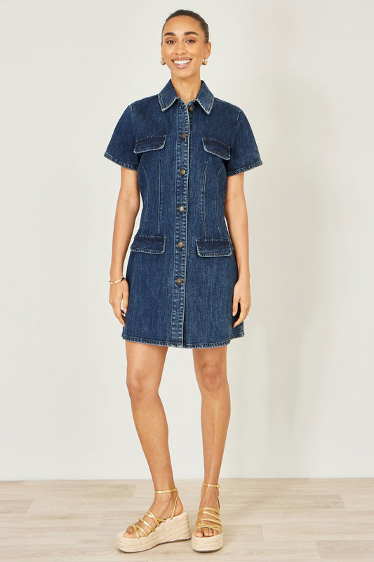 Yumi Blue Denim Stretch Shirt Dress With Pocket Details