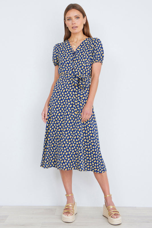 Yumi Navy Floral Midi Shirt Dress