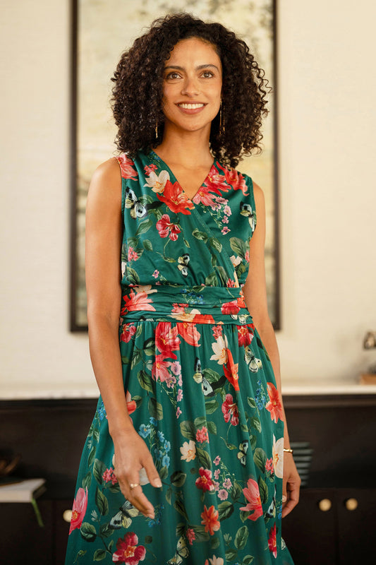 Yumi Green Blurred Floral Print Mesh Stretch Midi Dress With Pockets