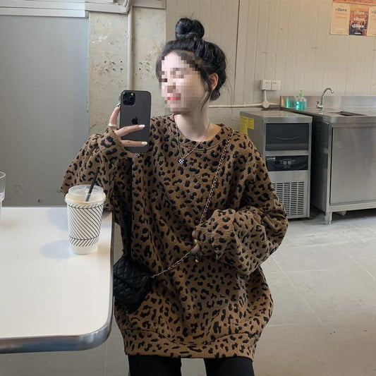 Women's Leopard-print Crewneck Fleece-lined Hoodie