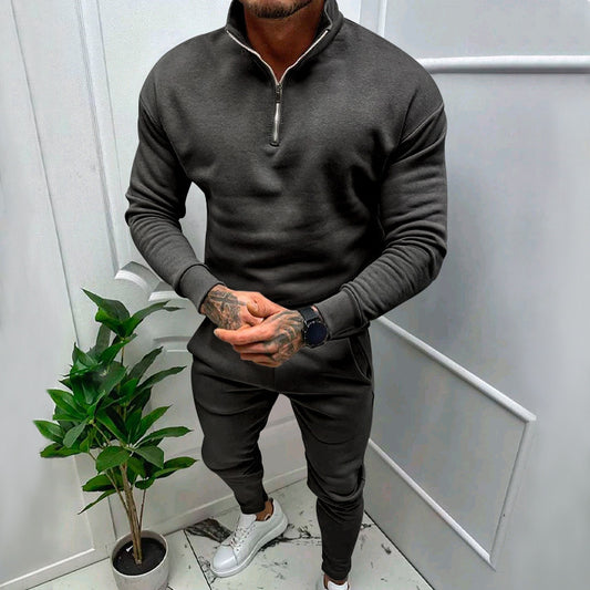 Men's Casual Fleece-lined Solid Color Top And Trousers Suit
