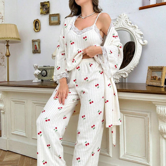 Women's Lace Trimmed Camisole Jacket And Cherry Print Trousers Three Piece Set