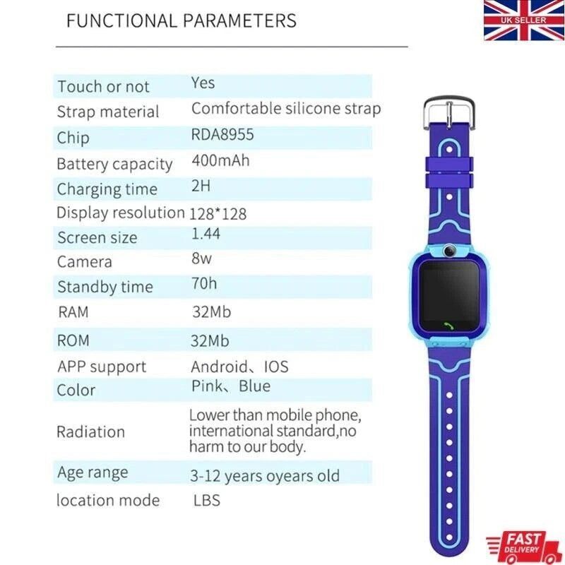 Kids GPS Smart Watch Phone SOS Tracker Camera Boys Girls 4-12 Years Safety Watch