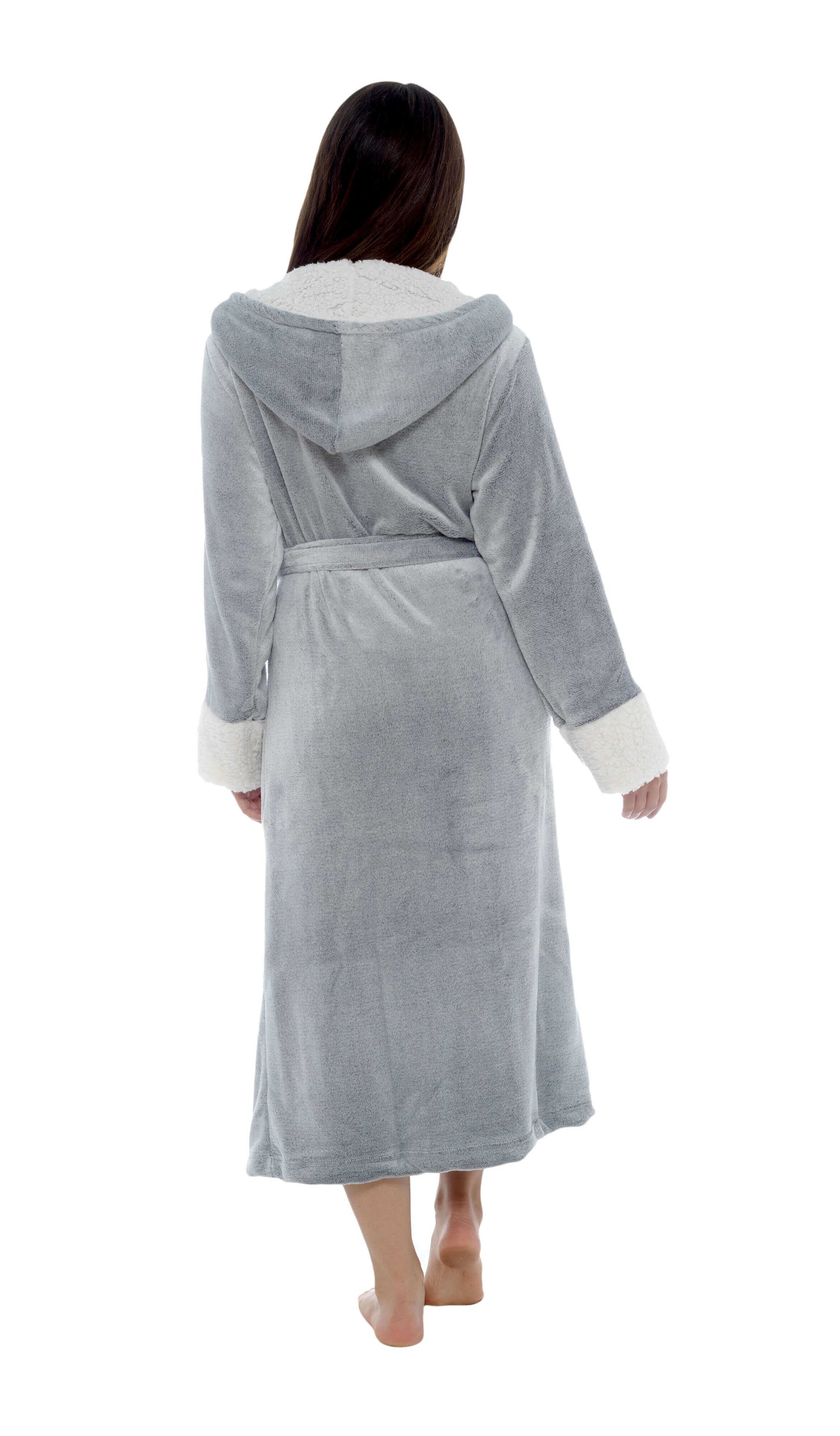 Women's Luxurious Shimmer Grey Fleece Dressing Gown With Sherpa Fur Hood Plush Flannel Bath Robe Elegant Silver Soft Cozy Loungewear by Daisy Dreamer