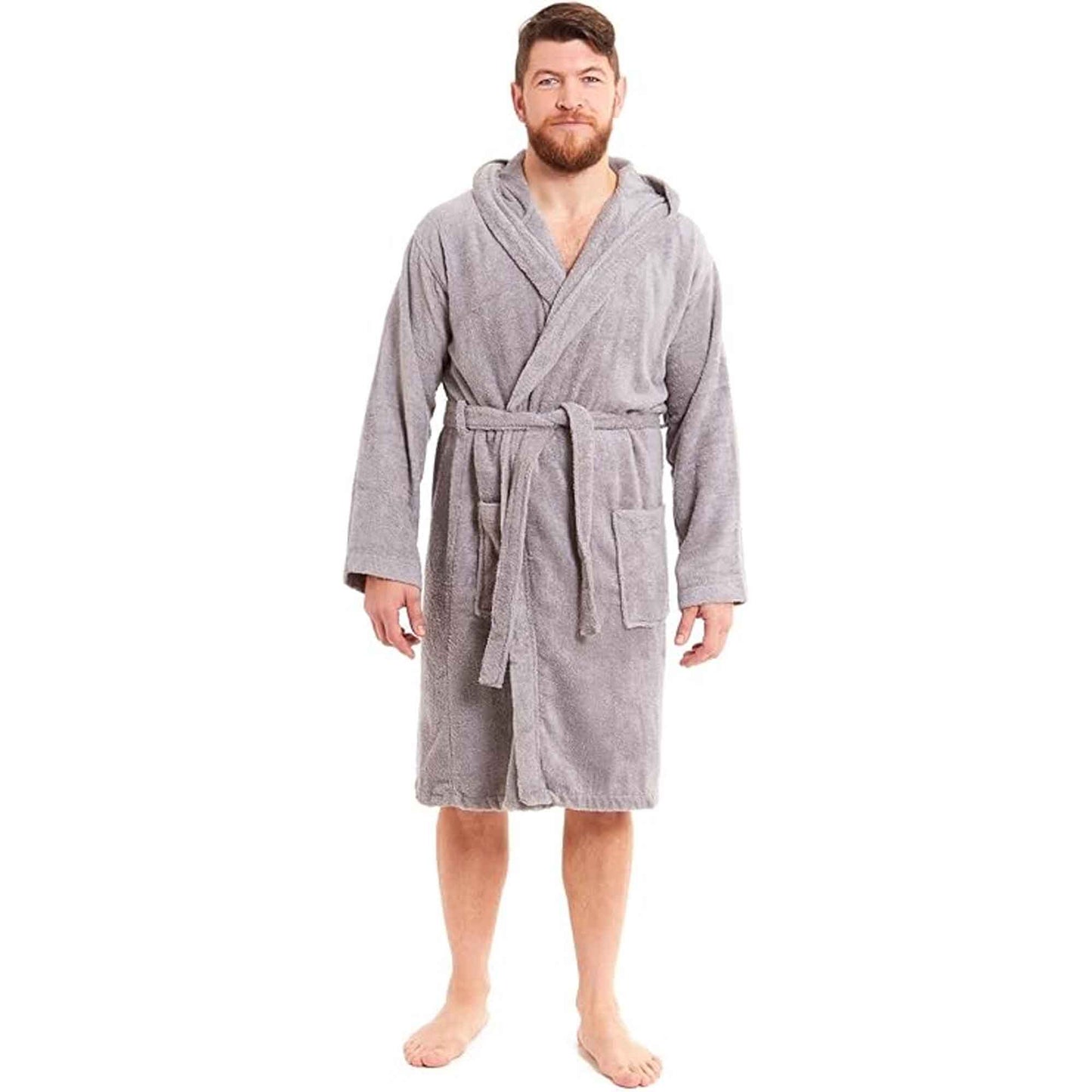 Men's Bamboo Hooded Bath Robe Ultra Absorbent Towelling Dressing Gown for Hotels Gyms Spas with Soft Breathable Cotton Blend Quick Dry Grey White by Toro Rocco