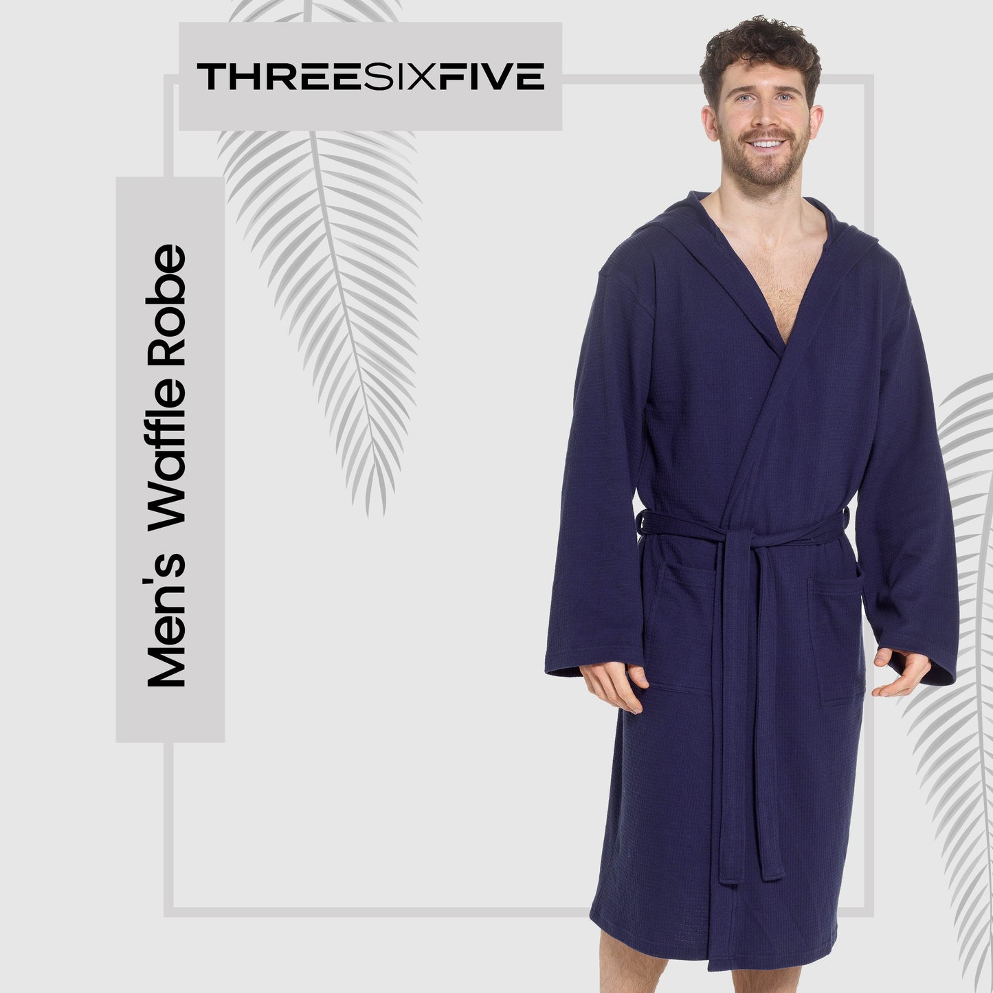 Men’s Hooded Waffle Cotton Bathrobe Navy Super Absorbent Spa Robe Luxury Dressing Gown for Home & Loungewear by Sock Stack