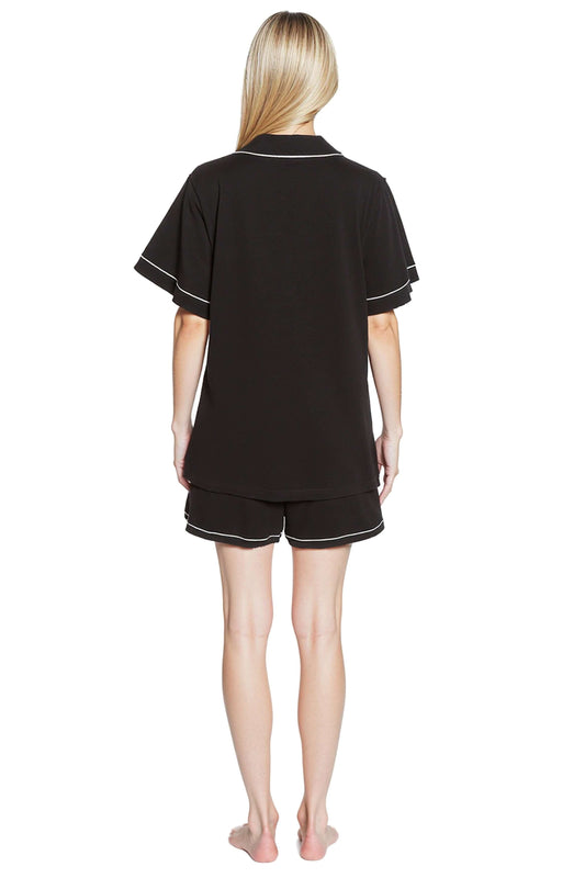 Women's Black Short Pyjama Set Super Soft Sleepwear Nightwear Button Up Top and Shorts with Pockets PJs by Daisy Dreamer