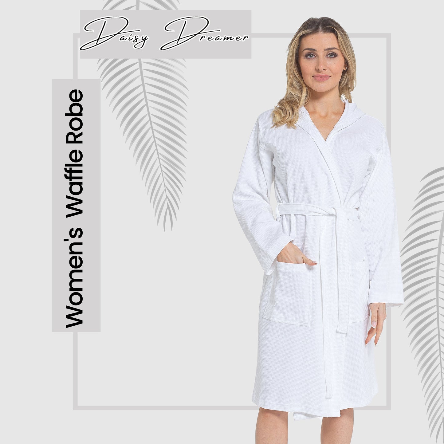Women's Hooded Waffle Cotton Bathrobe White Super Absorbent Spa Dressing Gown for Home Lounge & Travel by Daisy Dreamer