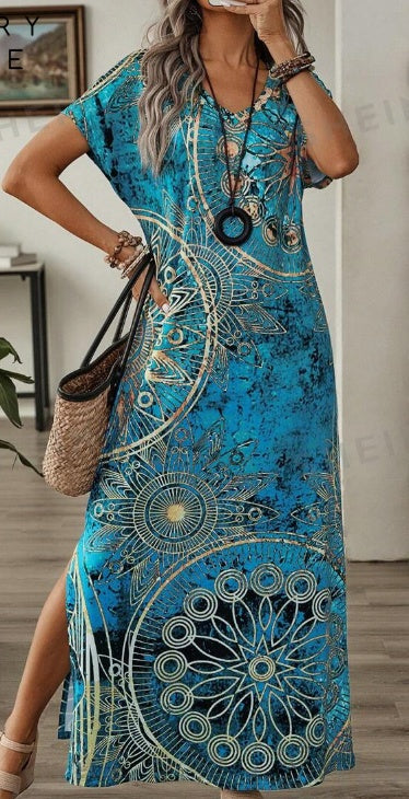 Women's Vintage Floral Print V-Neck Batwing Sleeve Casual Summer Dress Maxi Women Dresses Long Dress