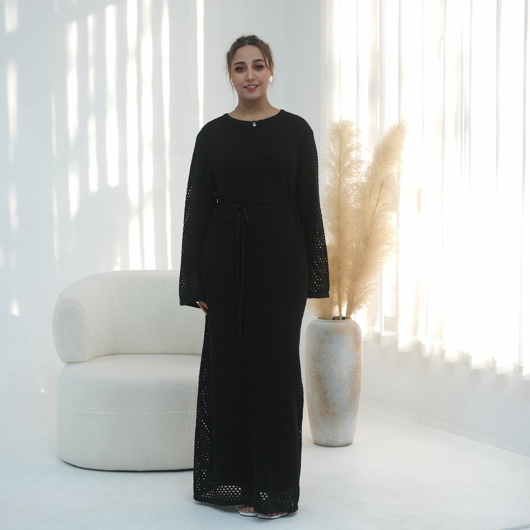 Elegant Hollow-Out Knit Dress - Modest A-Line Long Sleeve