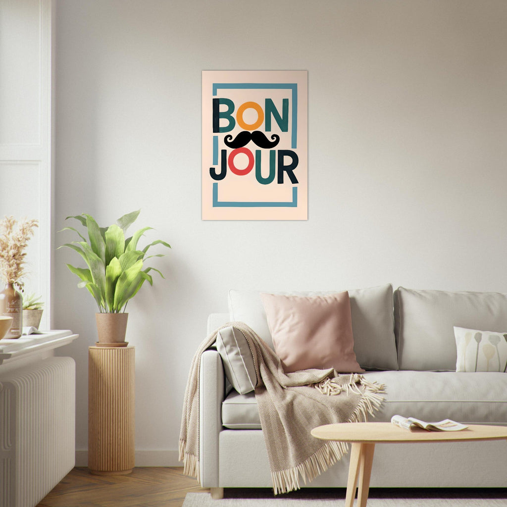 Bonjour Poster - Quirky French Greeting Wall Art with Mustache - Fun Living Room & Café Decor