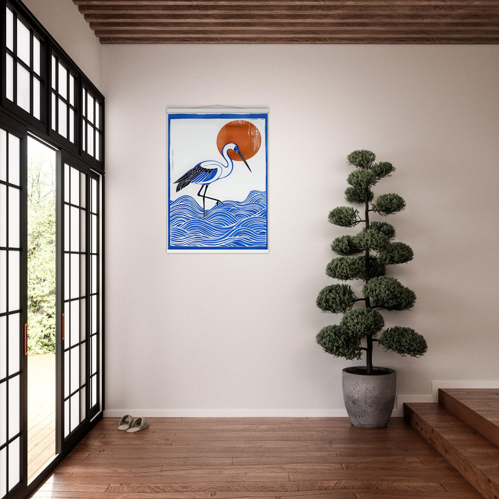 Minimalist Crane Wall Art Poster with Hanger - Japanese Ocean Prints - Modern Home Decor