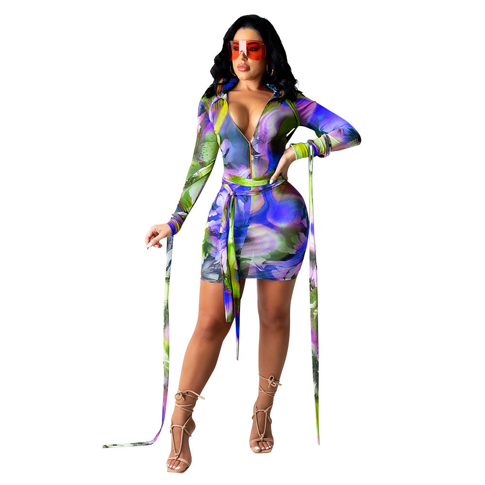 Sexy Women Mesh See-Through Printed Dress With Bandage