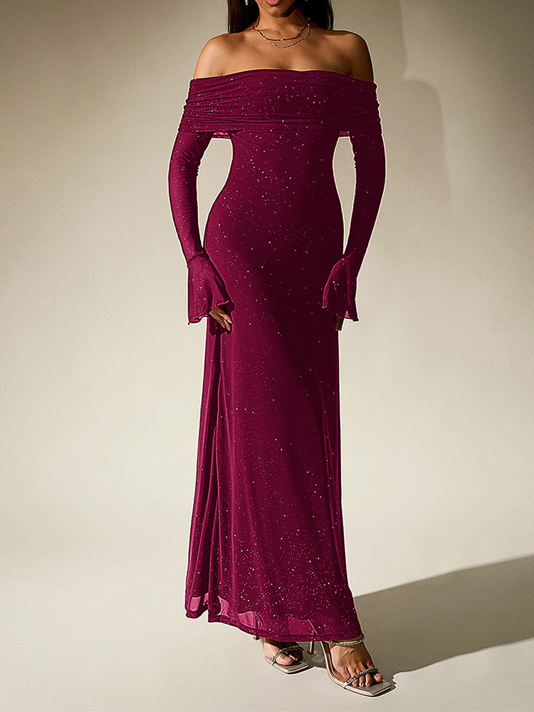 Black Off-Shoulder Maxi Dress With Glitter Detail And Mesh Sleeves