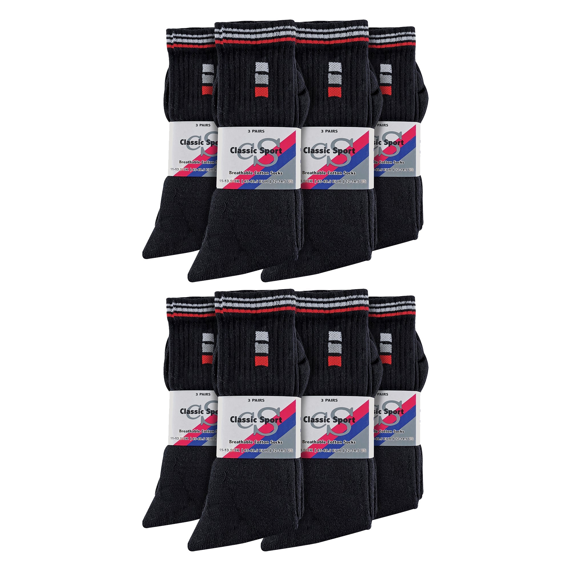 Mens Retro Stripe Cotton Sports Socks in White & Black (Multipack Options)