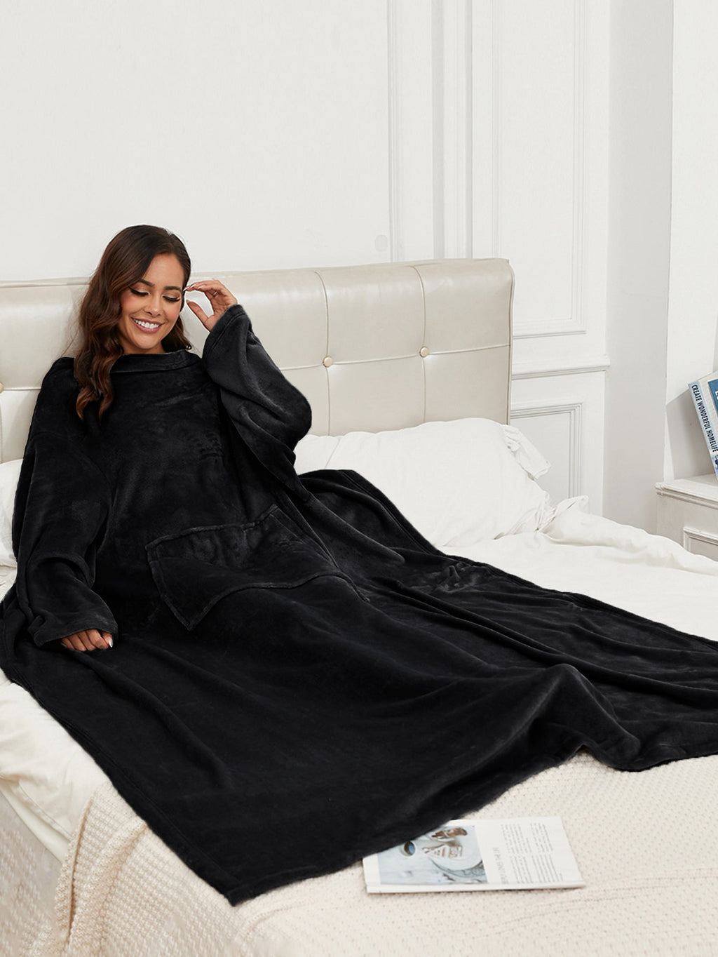 RONGTAI Fleece Wearable Blanket With Sleeve And Pocket For Adults, Cozy Warm Full Body Wrap Throws Blanket Robe, Navy, Oversized