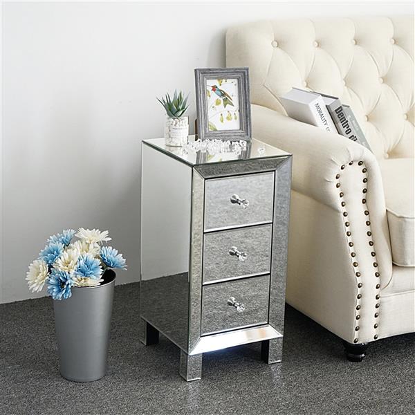 Modern and Contemporary Mirrored 3-Drawers Nightstand Bedside Table