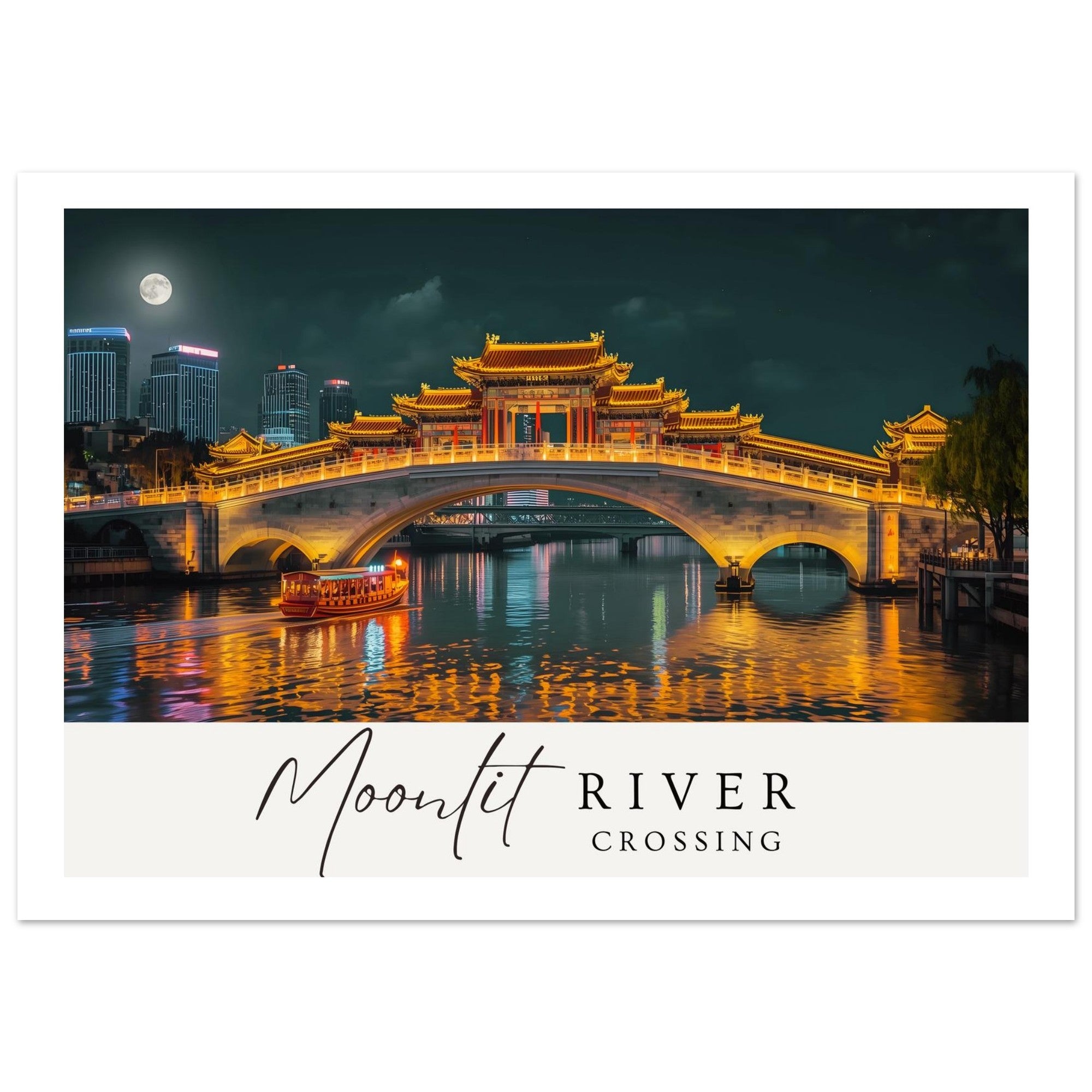 Moonlit River Crossing Poster - Illuminated Bridge Night Scene - Modern Landscape Wall Art Print