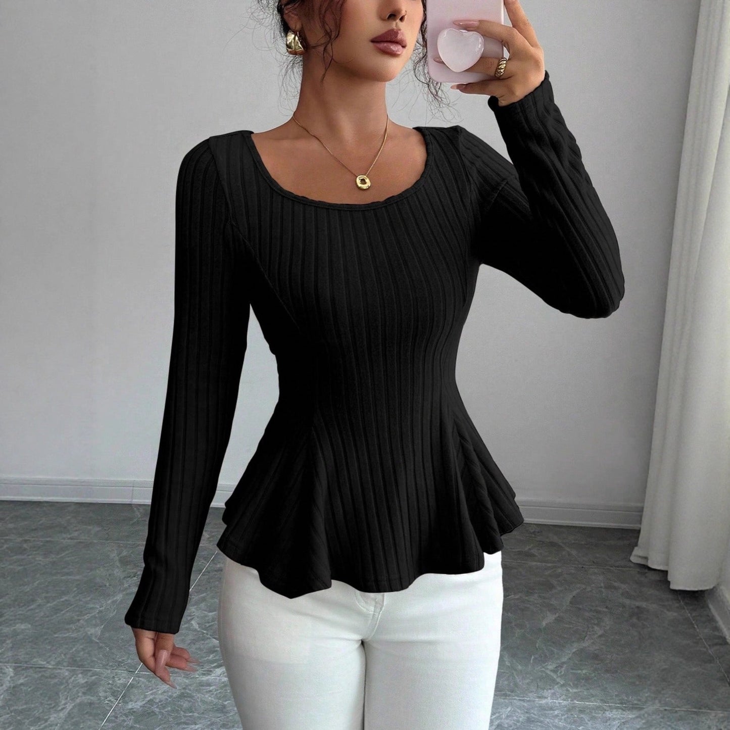 Women's Long-sleeve Bottoming Shirt With Hollowed-out Back And Long Sleeves