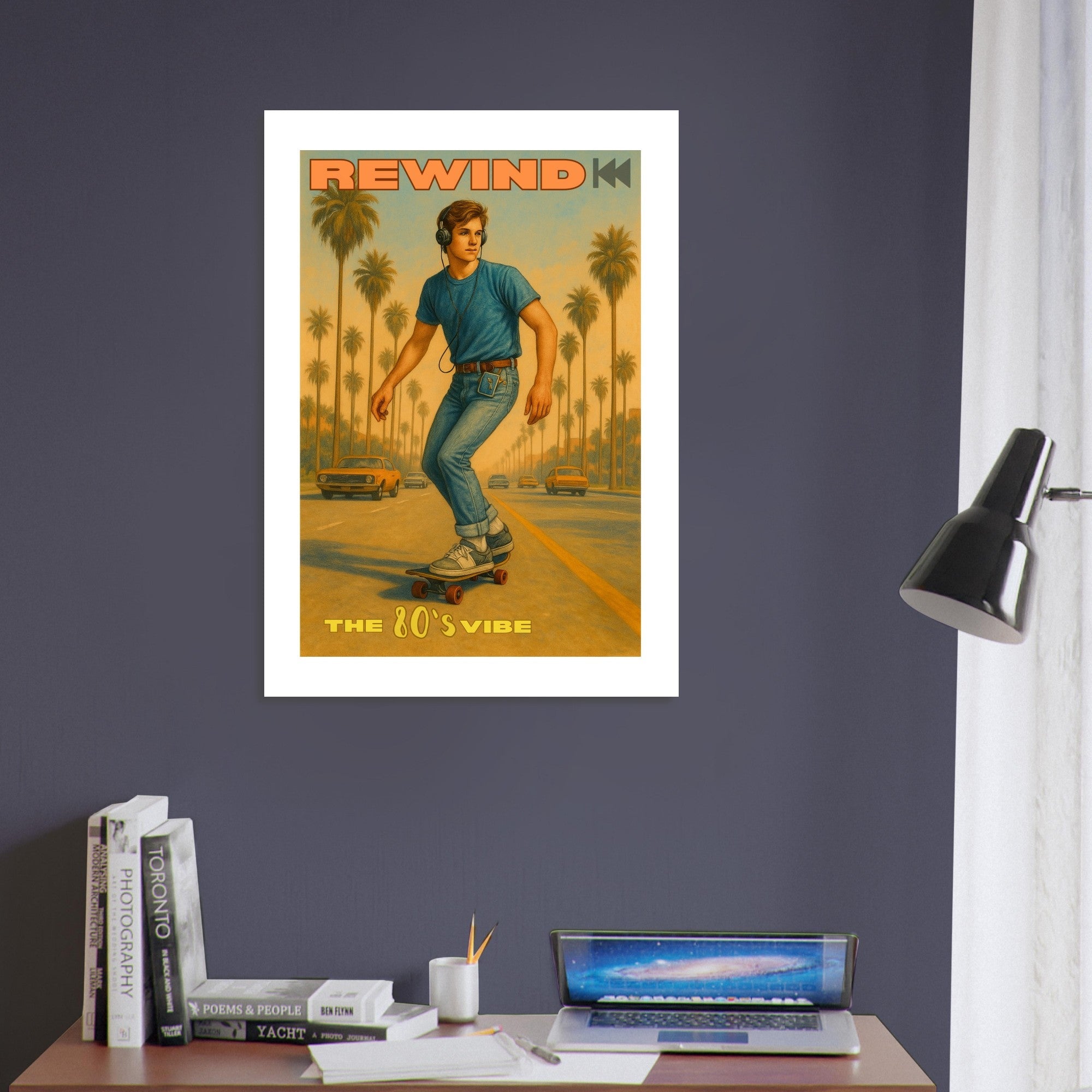 Retro 80's Vibe Poster – Skateboarder with Walkman | Vintage Wall Art