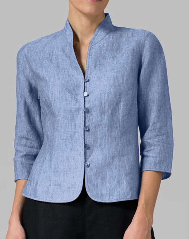 Slim Three-quarter Sleeve Button Jacket INS Fashion V-neck Stand Collar Outwear Tops Solid Color Clothing For Women