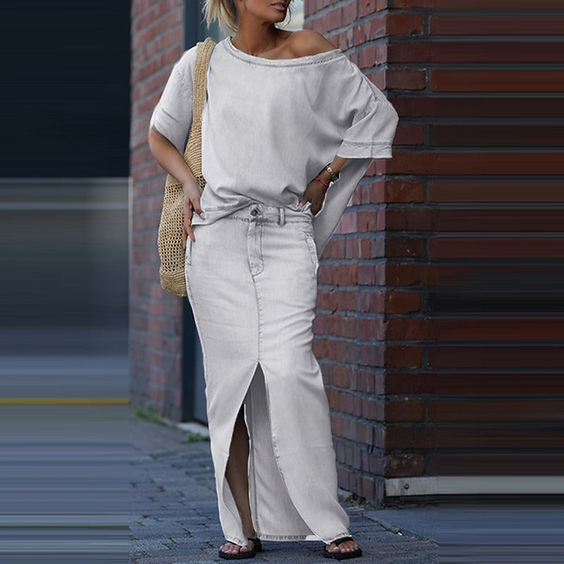 Two-piece Skirt Suits Fashion Loose Bat-sleeved Short Sleeve Top And Slim Fit Slit Maxi Skirt Patchwork Chic Outfit Women's Clothing