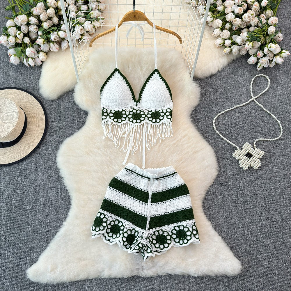 V-neck Fringe Vest High-waisted Hollowed-out Wide-leg Shorts Women's Suit