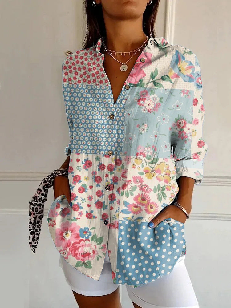 Flowers Print Long Sleeve Shirt Fashion Stand Collar Button Tops For Women Clothing