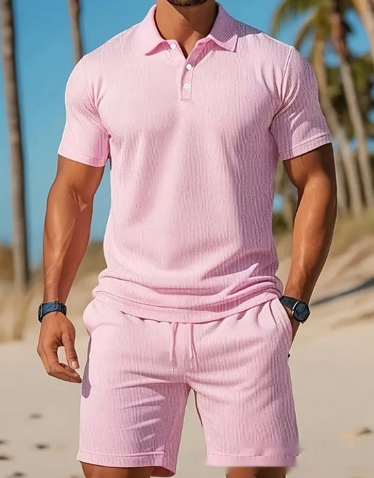 Men's Casual Beach Mesh Lapel Set Summer Comfortable Breathable Loose Solid-Color Sports Short-Sleeved Shirt And Shorts Set