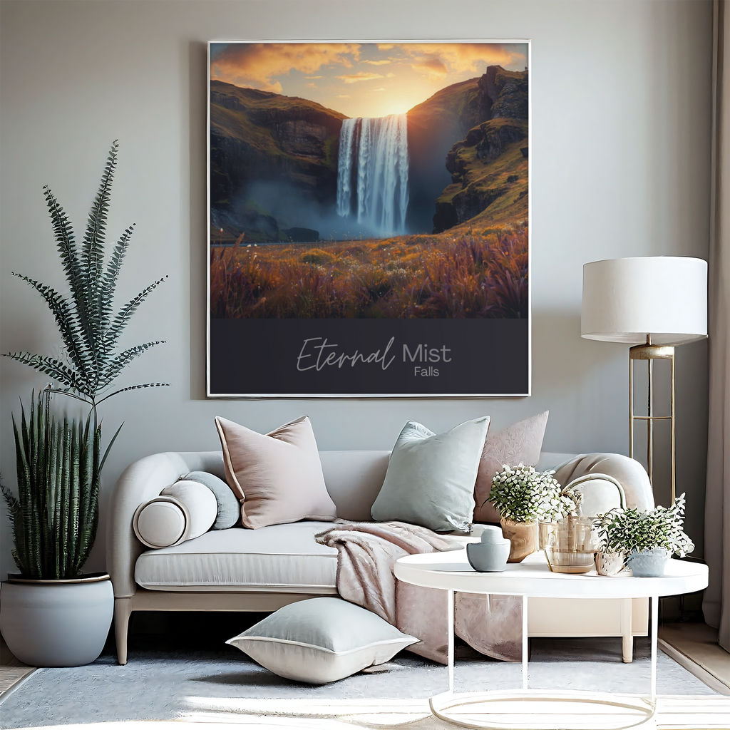Eternal Mist Waterfall Poster | Sunset Landscape Wall Art | Modern Nature Decor