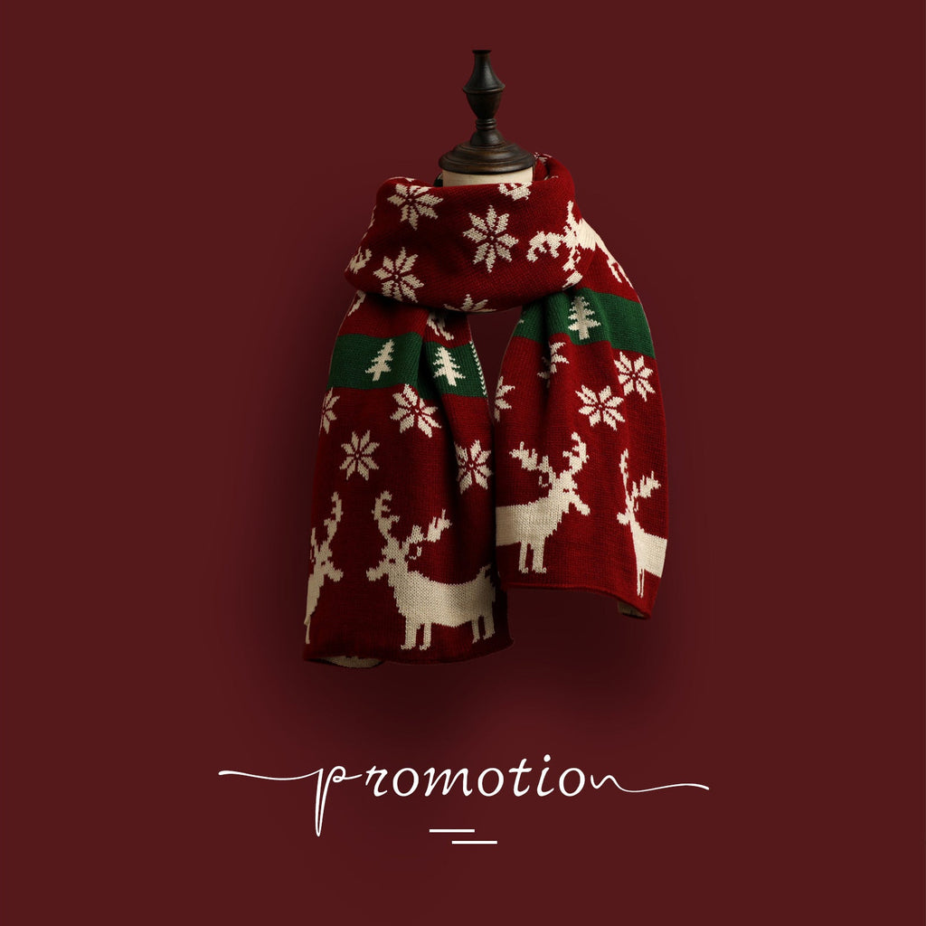 Red Knitted Scarf With Elk Print And Snowflake Pattern Designed For Warmth