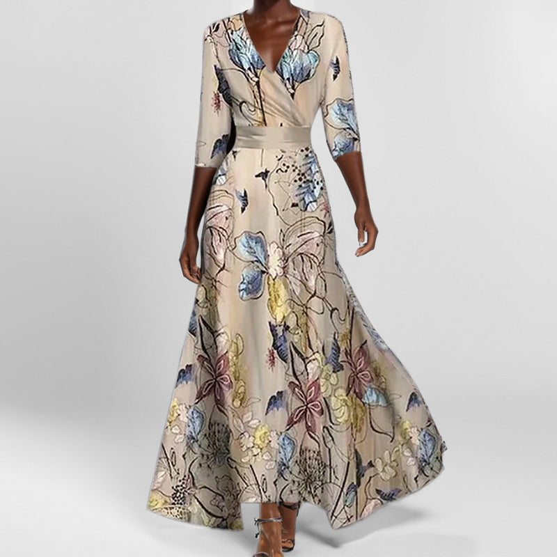 Fashion Print Half-sleeve V-neck Dress Temperament Slim Tight Waist Dresses For Women