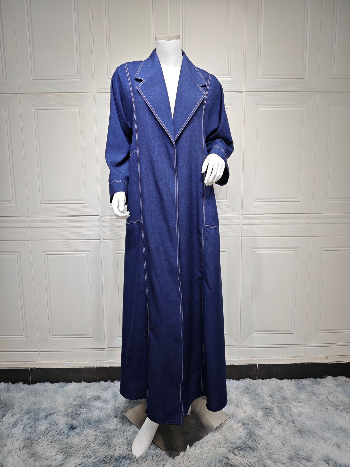 Loose Plus Size Slimming Contrast Color Open Line Denim Long Trench Coat