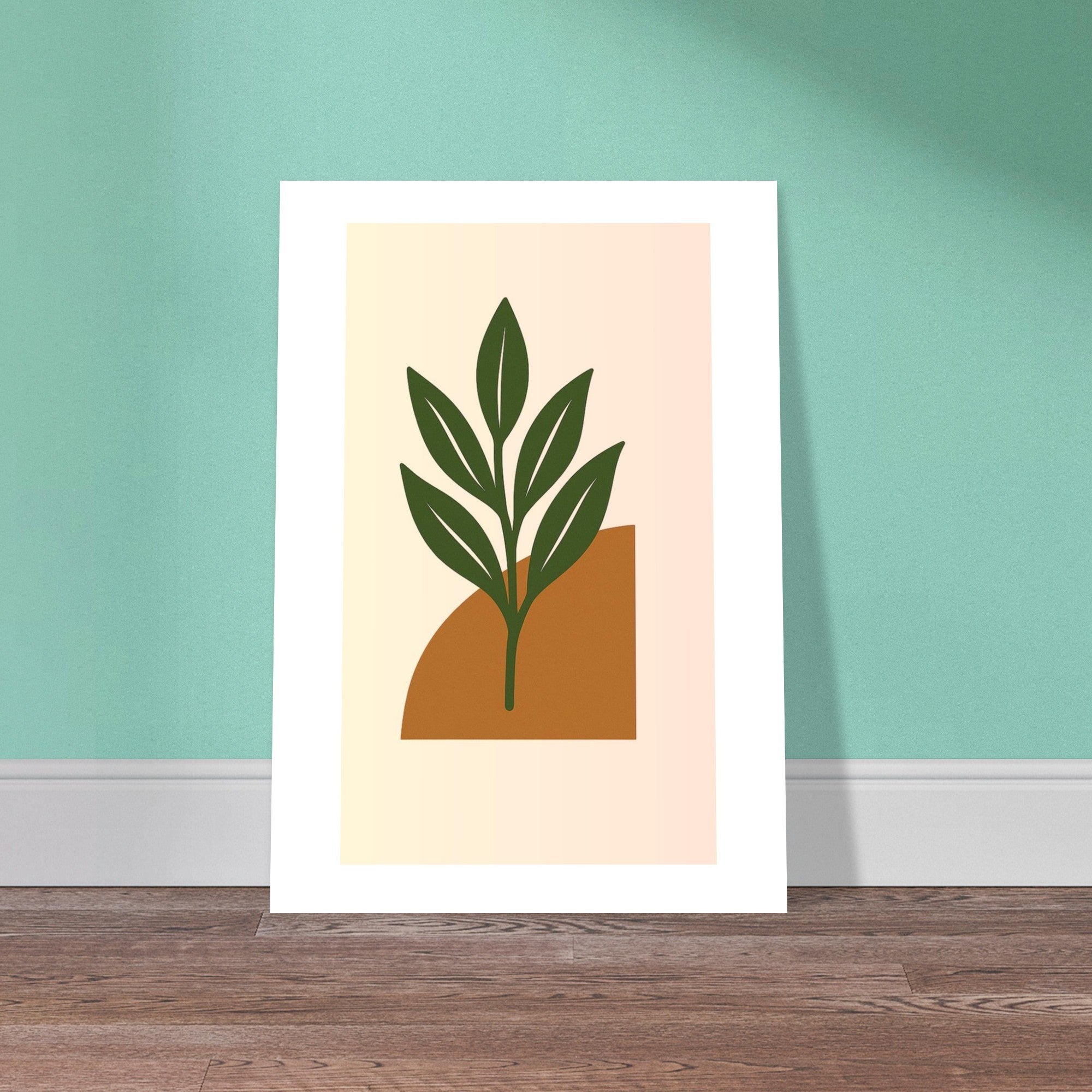 Green Leaf Botanical Wall Art – Minimal Plant Print with Terracotta Accent, Boho Decor