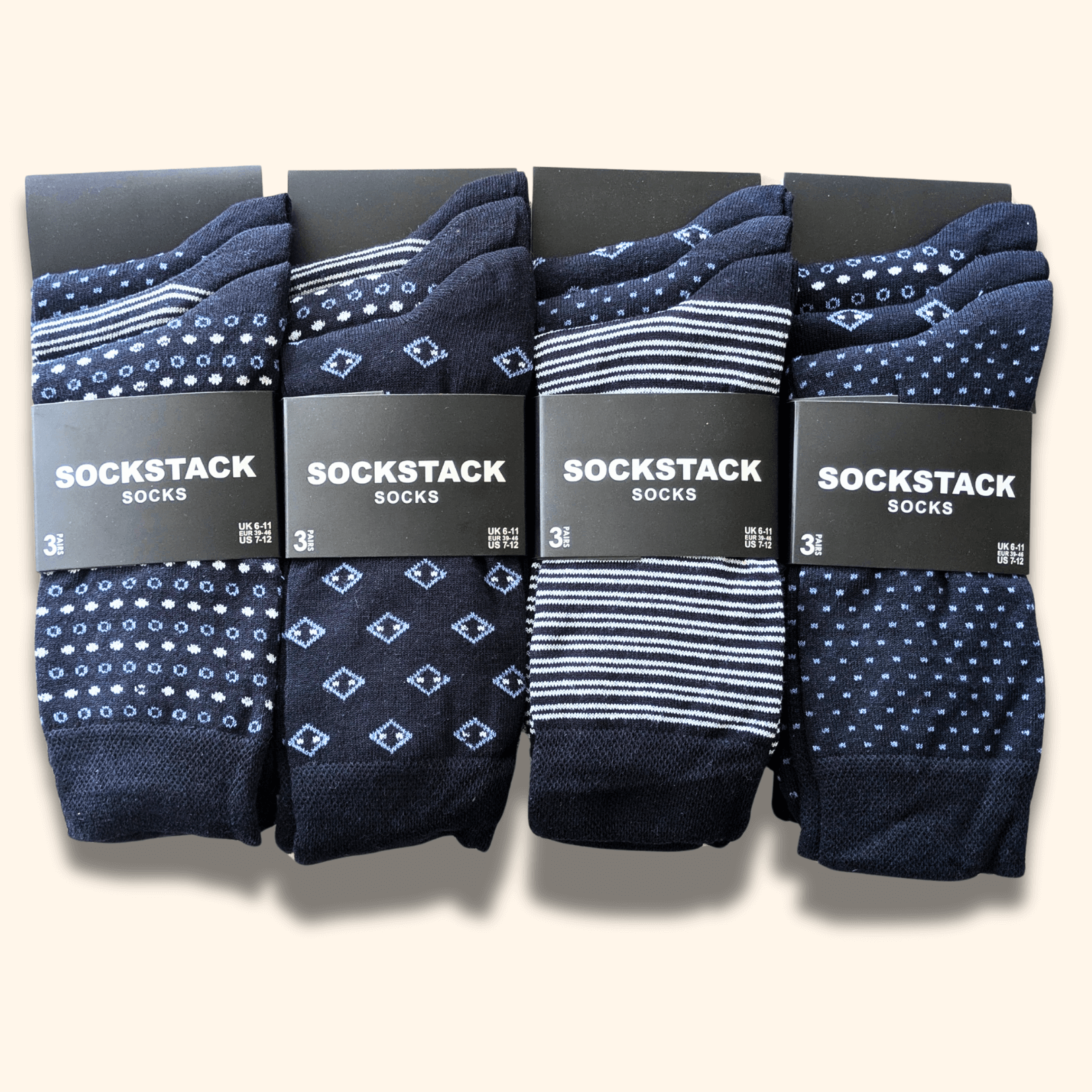 12 Pairs Men's Soft Cotton Colourful Heel Toe Black Argyle Diamond Easycare Comfortable Shoe Socks Flat Toe Seam Durable Work School Business Wear UK 6-11 by Sock Stack